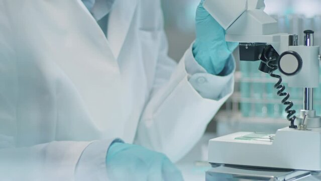 Tilt down shot of female Asian scientist in lab coat and medical gloves using compound microscope and writing down notes while conducting research in lab