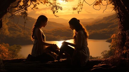 Lesbian Lover Couple Holding Hands in Warm Afternoon Light - Embracing Love in Nature
