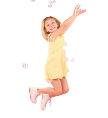 Portrait of child, jump and bubbles isolated on transparent png background for playful fun, energy...