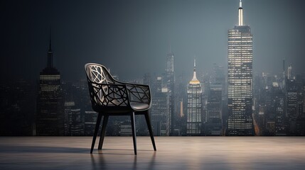  a chair sitting in front of a city skyline at night.  generative ai