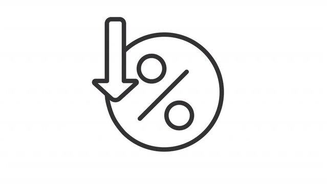Percentage decrease line animation. Coin and arrow pointing down animated icon. Market downturn. Interest rate. Black illustration on white background. HD video with alpha channel. Motion graphic