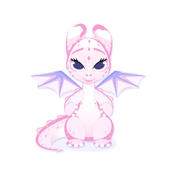 Pink baby dragon alone on white background. Vector cartoon flat illustration.