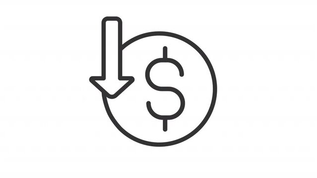 Financial loss line animation. Coin with dollar sign and arrow pointing down animated icon. Economic recession. Black illustration on white background. HD video with alpha channel. Motion graphic