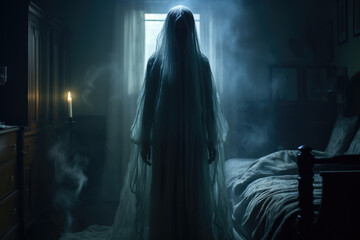 Ghost scary woman in white clothes, concept of the unknown, paranormal phenomenon