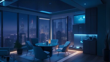 luxury penthouse full of smart objects with a view of city in the night