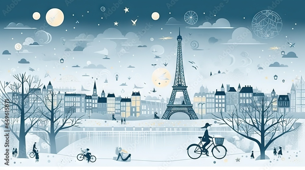 Poster the eiffel tower in paris is lit up at night. generative ai