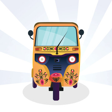 Yellow auto-rickshaw illustrations in India. with rickshaw paint on it. front view of tuk-tuk.