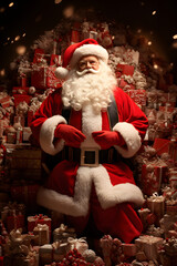 Retrato de Papá Noel o Santa Claus con regalos detrás - obrazy, fototapety, plakaty
