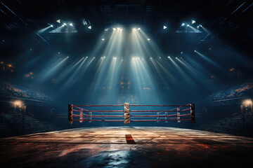 Professional boxing ring in the spotlight - obrazy, fototapety, plakaty