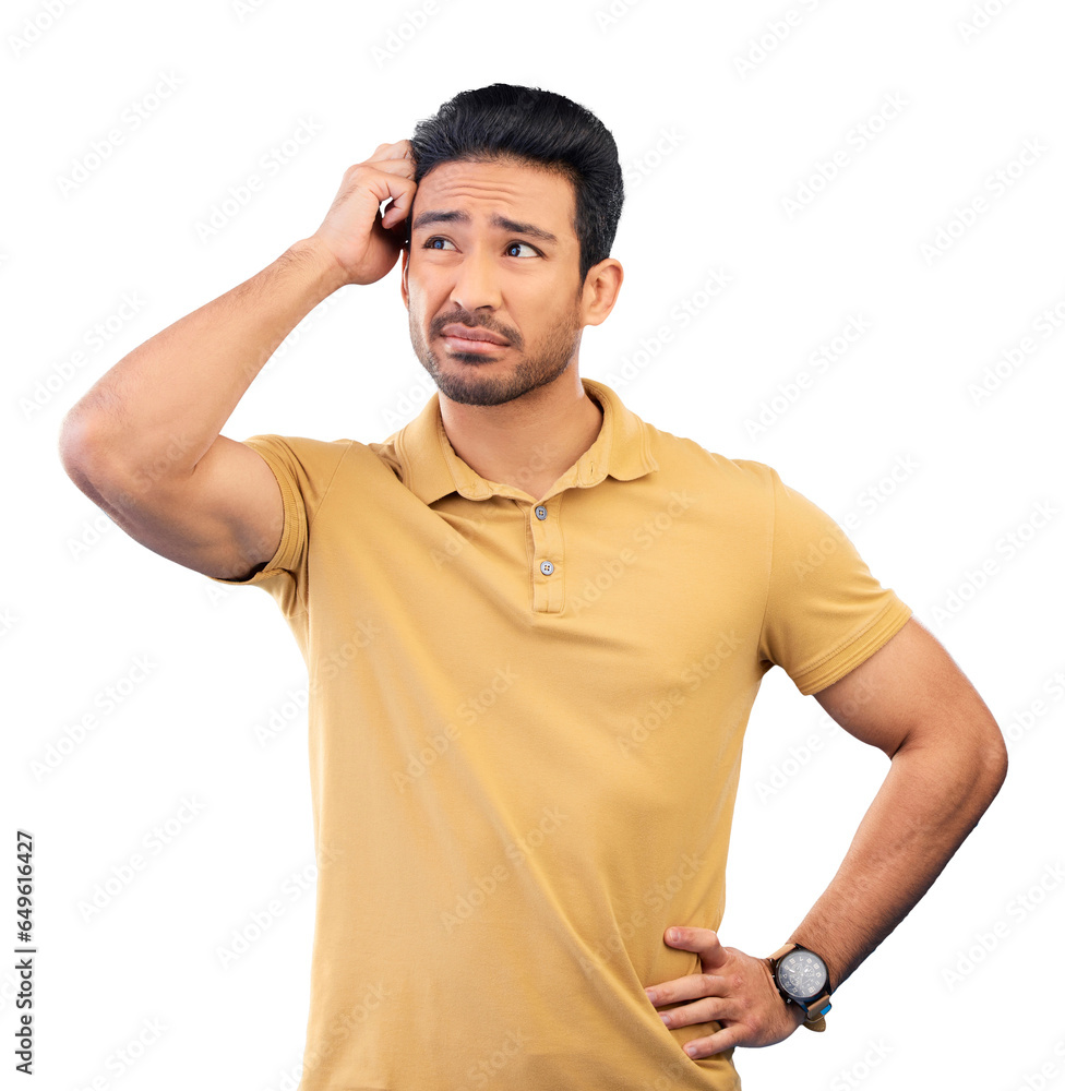 Aufkleber confused, man and thinking of question, why or decision for problem solving in a crisis on isolated,