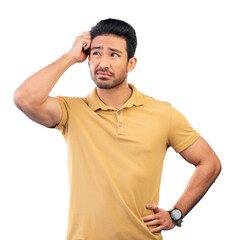 Confused, man and thinking of question, why or decision for problem solving in a crisis on...