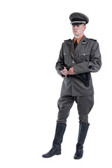 Male actor reenactor in historical uniform as an officer of the German Army during World War II