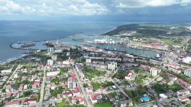 Aerial view of Georgian port city of Poti located at entrance of Rioni river into Black Sea on sunny autumn day, Samegrelo-Zemo Svaneti region.