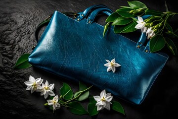 mockup of a Sapphire Blue Color tote bag made of leather, on a black granite surface background,...