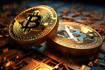 Fototapeta na wymiar Bitcoin gold coins, cryptocurrency, mining concept