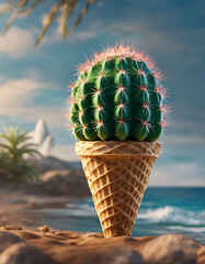 Cactus vert dans un cornet de glace sur la plage avec la mer en arrière plan, humour insolite - IA...