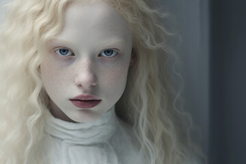 Portrait of a young beautiful albino girl, natural blonde - obrazy, fototapety, plakaty