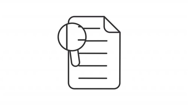 Document review line animation. Magnifying glass examining paper animated icon. Quality control. Fact check. Black illustration on white background. HD video with alpha channel. Motion graphic