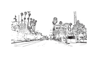 Building view with landmark of  San Bernardino is the city in California. Hand drawn sketch illustration in vector.