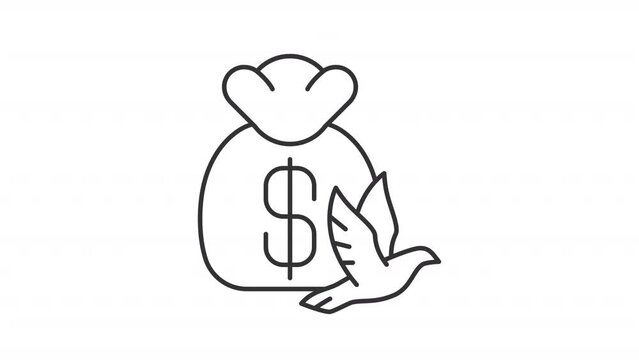 Tax exemption line animation. Money bag and levitating dove animated icon. Charitable giving. Charity donation. Black illustration on white background. HD video with alpha channel. Motion graphic