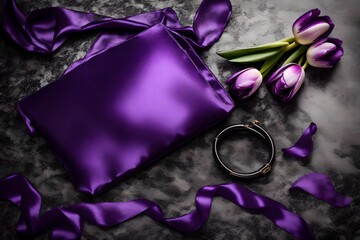 mockup of a Deep Purple Color tote bag made of silk, on a polished granite surface background, surrounded with tulip blossoms