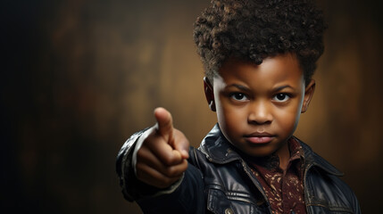 Serious African American child boy in leather jacket showing finger gesture while standing on dark background with copy space