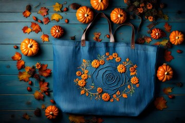 mockup of a blue tote bag made of denim, on ash wooden surface background, surrounded with Halloween pumpkins and flowers