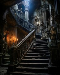 Old scary building staircase - obrazy, fototapety, plakaty