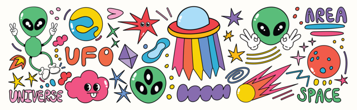 Set of 70s groovy element vector. Collection of cartoon character, doodle smile face, UFO, UAP, alien, spaceship, rocket, star. Cute retro groovy hippie design for decorative, sticker, kids.