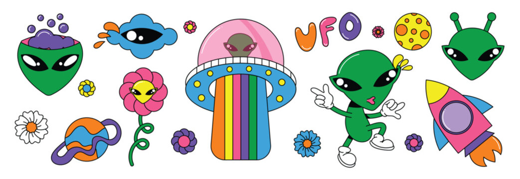 Set of 70s groovy element vector. Collection of cartoon character, doodle smile face, UFO, UAP, alien, spaceship, rocket, flower. Cute retro groovy hippie design for decorative, sticker, kids.
