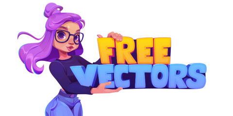 Girl holding banner for free vector promotion. Young woman character manager offer and showing sign in hand for promo deal. Isolated icon with company presentation for trial message special design.