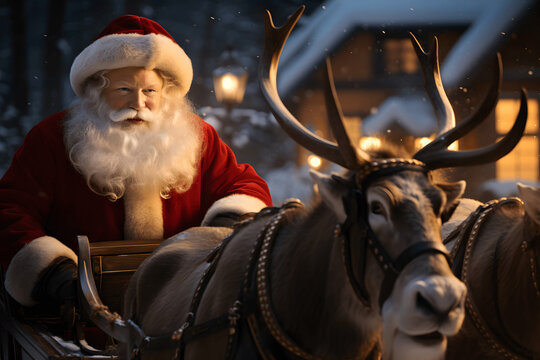 Santa Claus o Papa Noel montado en su trineo para repartir regalos