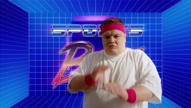 Comic overweight man making funny karate moves against 80s mesh background