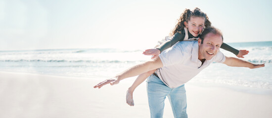 Beach, flying and father with girl, portrait and summer vacation with love. smile and bonding....