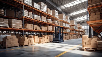 Retail warehouse full of shelves with goods in cartons, with pallets and forklifts. Logistics and transportation. Product distribution