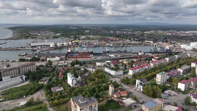 Aerial view of Georgian port city of Poti located at entrance of Rioni river into Black Sea on sunny autumn day, Samegrelo-Zemo Svaneti region.