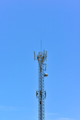 Telecommunication tower of 4G and 5G cellular. Cell Site Base Station. Wireless Communication Antenna Transmitter. Telecommunication tower with antennas sky background