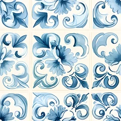 Tapeten Watercolor blue Spanish seamless tiles. Lisbon pattern, tile collection. Portuguese ornamental background © Берилло Евгения