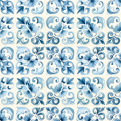 Watercolor blue Spanish seamless tiles. Lisbon pattern, tile collection. Portuguese ornamental background