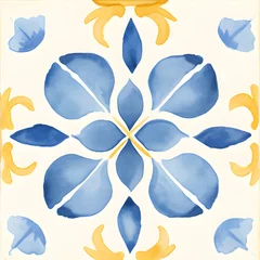 Gordijnen Watercolor yellow and blue Spanish seamless tiles. Lisbon pattern, tile collection. Portuguese ornamental background © Берилло Евгения