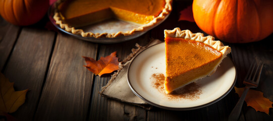 Traditional thanksgiving pumpkin pie slice with cinnamon