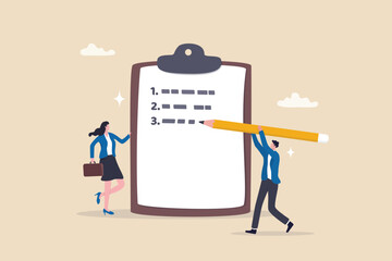 Writing business steps, procedure or development progress on clipboard, plan or solution checklist, challenge or achievement list, project goal concept, businessman writing procedure step on clipboard