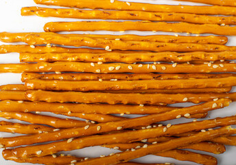Pretzel Sticks Texture Background, Crunchy Breadsticks Pattern with Copy Space, Grissini Banner