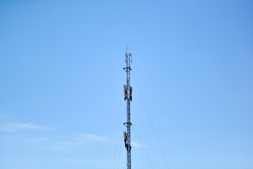 Telecommunication tower of 4G and 5G cellular. Cell Site Base Station. Wireless Communication Antenna Transmitter. Telecommunication tower with antennas sky background