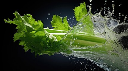 Fresh green celery exposed to water splash on black background and blur