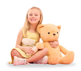 Teddy bear, love and portrait of child with toys for gift, present and comfort sitting on floor. Adorable, childhood and girl cuddle animals for playing on isolated, png and transparent background