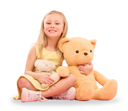 Teddy bear, love and portrait of child with toys for gift, present and comfort sitting on floor. Adorable, childhood and girl cuddle animals for playing on isolated, png and transparent background - Powered by Adobe