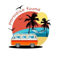 design for t-shirt. volkswagen van bus. car in summer by the sea. paradise has been found.