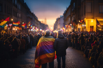 Back view of two mature gays in love with a rainbow flag at an LGBT demonstration