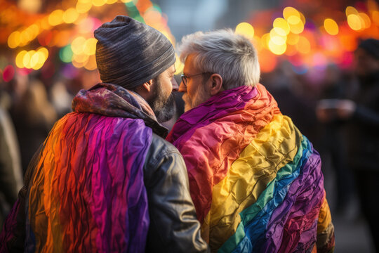 Back view of two mature gays in love with a rainbow flag at an LGBT demonstration